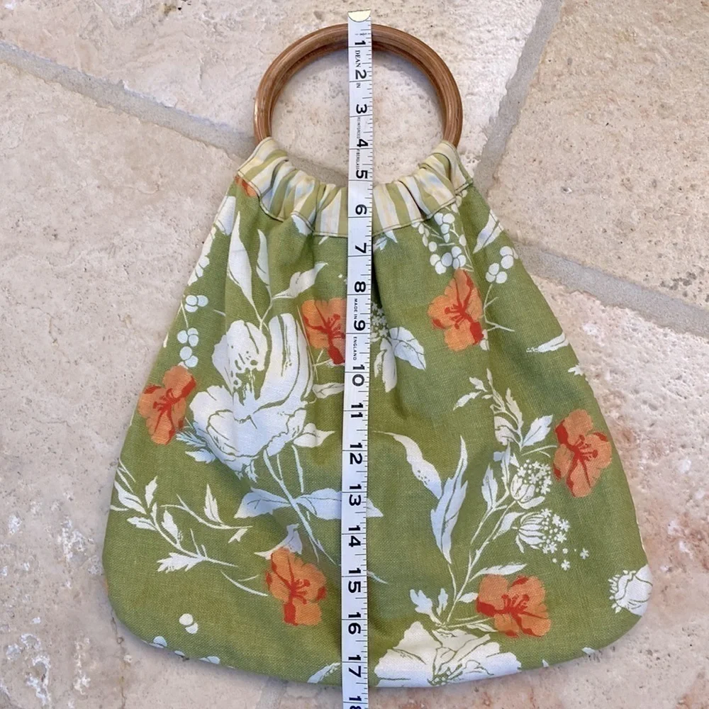 Linen Wood Handle Handbag Purse Womens tote stripes floral round handle knitting